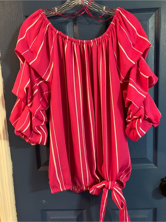 Vince Camuto Tops - Vince Camuto Hot Pink Striped Off-Shoulder Blouse with Tie